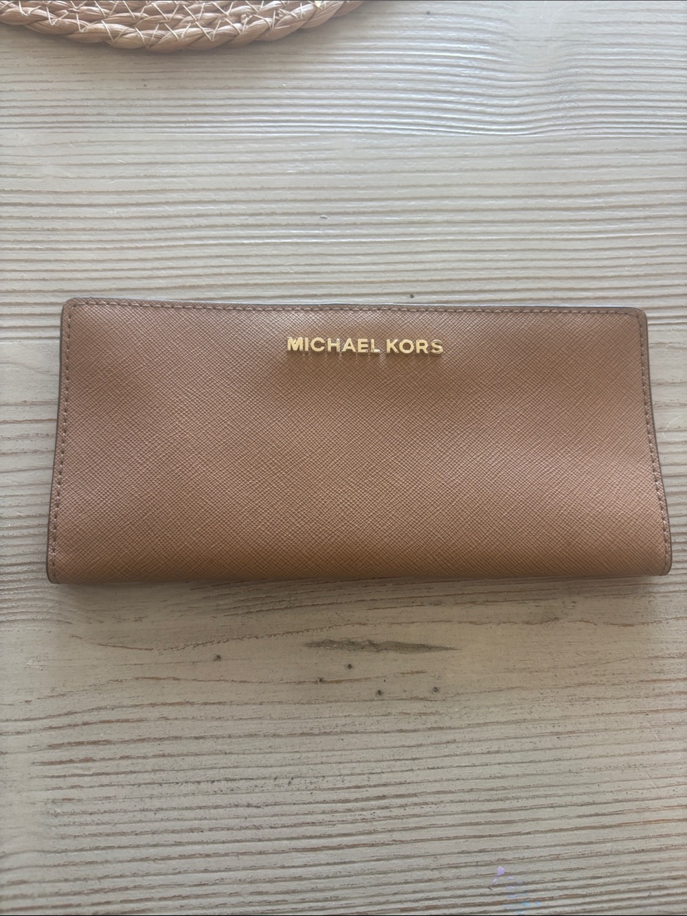 MICHAEL KORS Brown Saffiano Leather Continental Wallet with Gold Logo